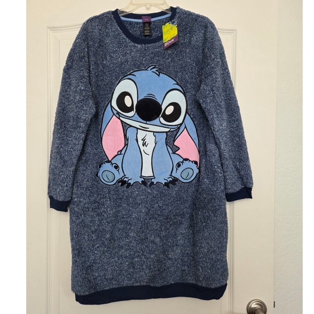Disney Stitch Faux Fur Plush Sleepshirt Nightgown Dress Blue Sz S Cartoon Winter - Picture 2 of 7